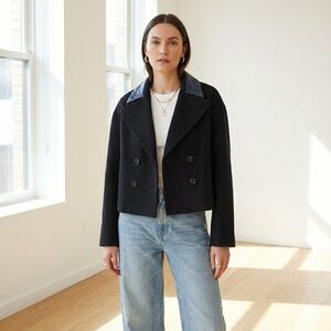 Carven black wool peacoat with blue patent leather collar - size 10 (FR 42)